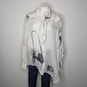 Banana Blue White Black Wearable Art Abstract Funky Artistic Linen Button Up M